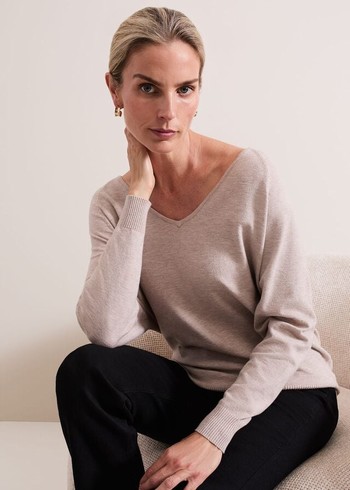 Phase Eight Senita Fine V-Neck Knitwear Beige Canada | QCDOBV-751